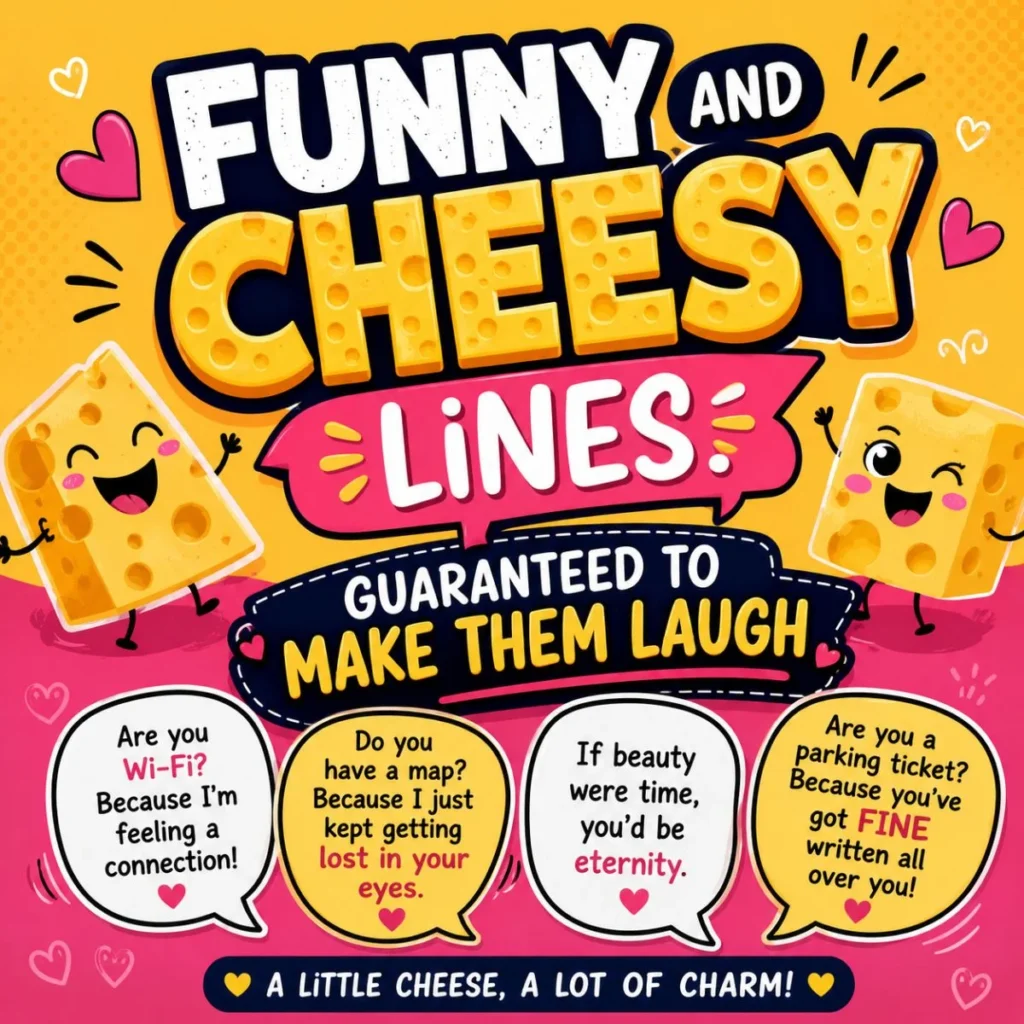 Funny and cheesy pickup lines poster with cute cartoon cheese characters and playful speech bubbles for laughs and flirting.