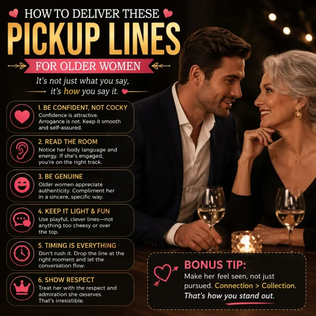How to deliver pickup lines for older women with confidence, respect, and genuine connection during a romantic date.