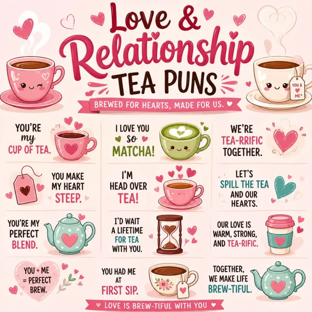 Cute love and relationship tea puns infographic with adorable teacups, hearts, and romantic tea quotes for couples.
