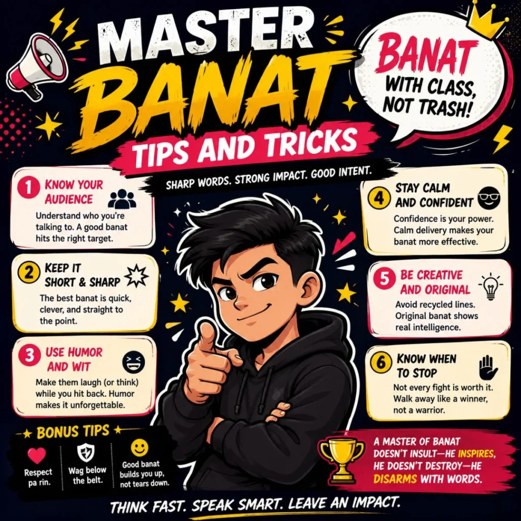Colorful infographic featuring Master Banat Tips and Tricks with practical advice, comic-style character, and confidence-building tips.