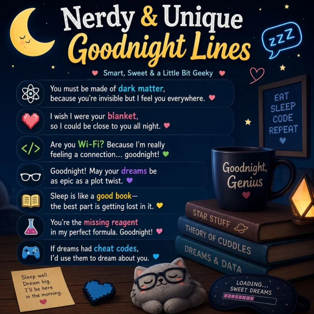 Nerdy and unique goodnight lines graphic with geeky bedtime quotes, books, stars, coffee mug, and cosy night-themed illustrations.
