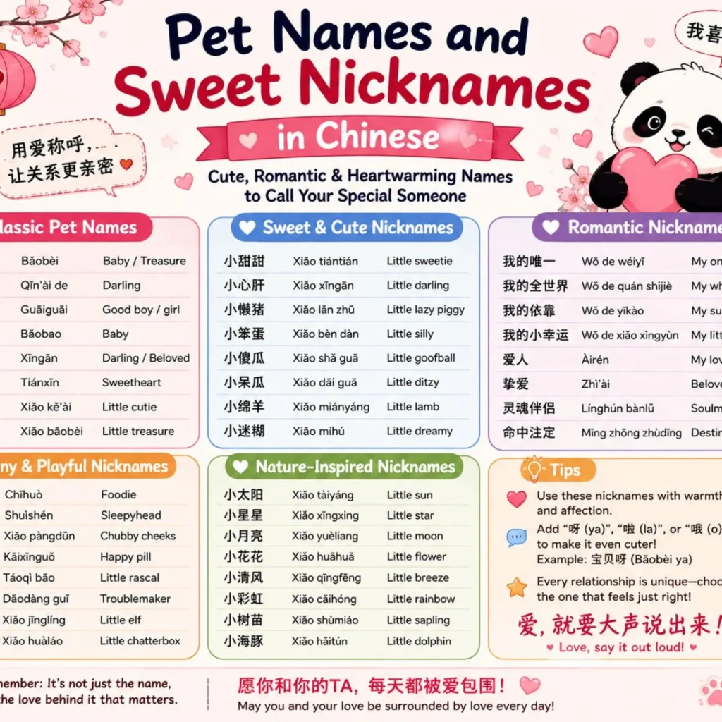 Cute infographic of Chinese pet names and sweet nicknames with romantic terms, panda illustrations, and English translations.