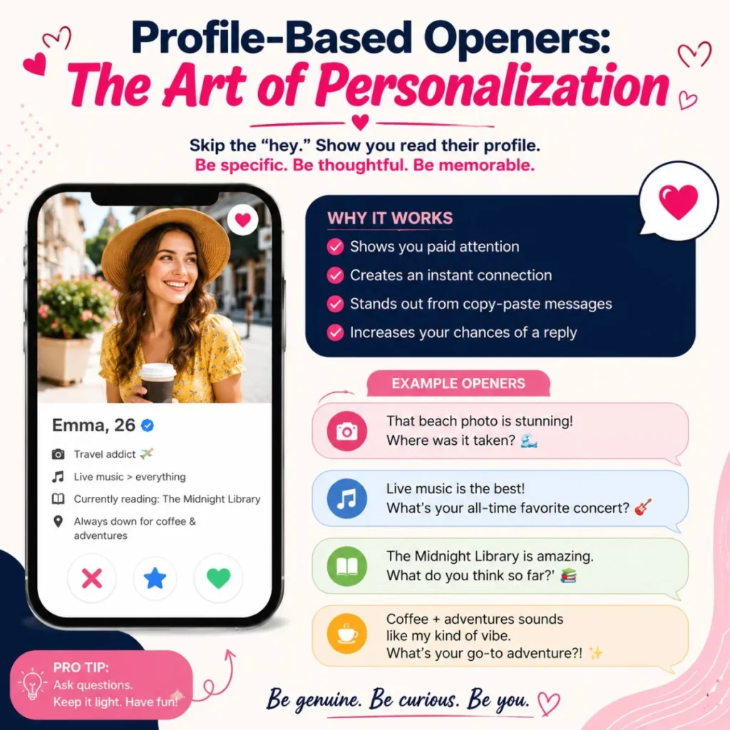 Profile-based dating app openers infographic with personalized message examples that help start engaging conversations.
