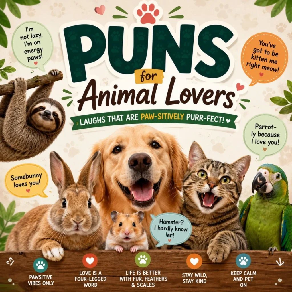Cute animal pun poster featuring a dog, cat, bunny, sloth, parrot, and hamster with funny clean jokes for animal lovers.