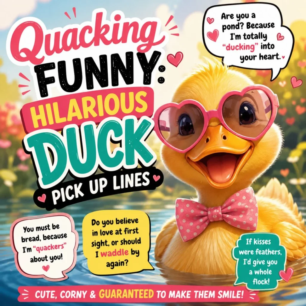 Cute duck wearing heart-shaped sunglasses and a pink bow tie with hilarious duck pick up lines in a colorful romantic design.