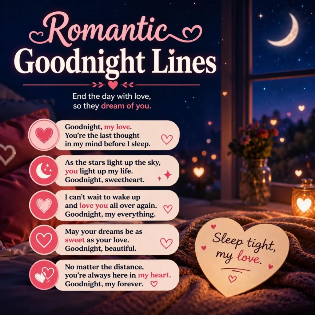 Romantic goodnight lines graphic with cozy bedroom, moonlit window, hearts, and sweet bedtime love messages for couples.