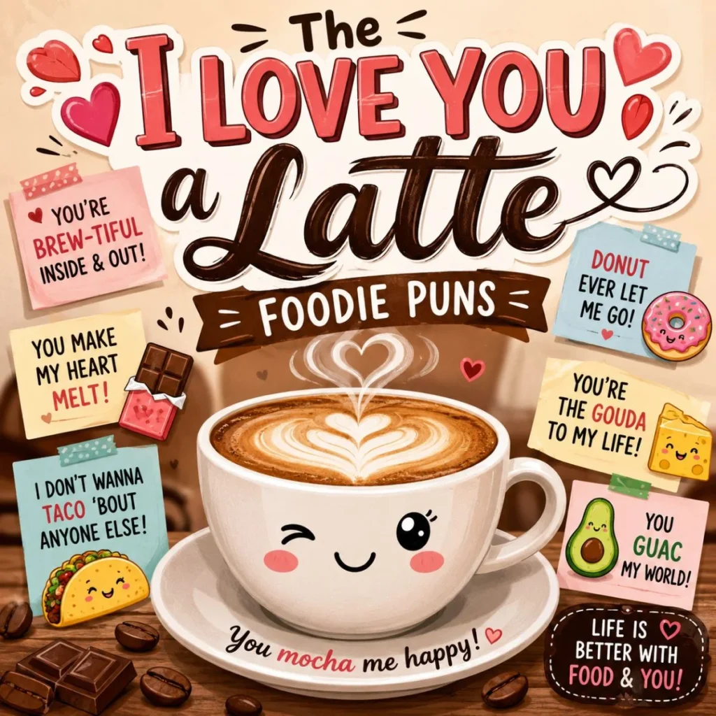 Cute latte coffee illustration with romantic foodie puns, smiling coffee cup, hearts, donuts, tacos, cheese, and chocolate.