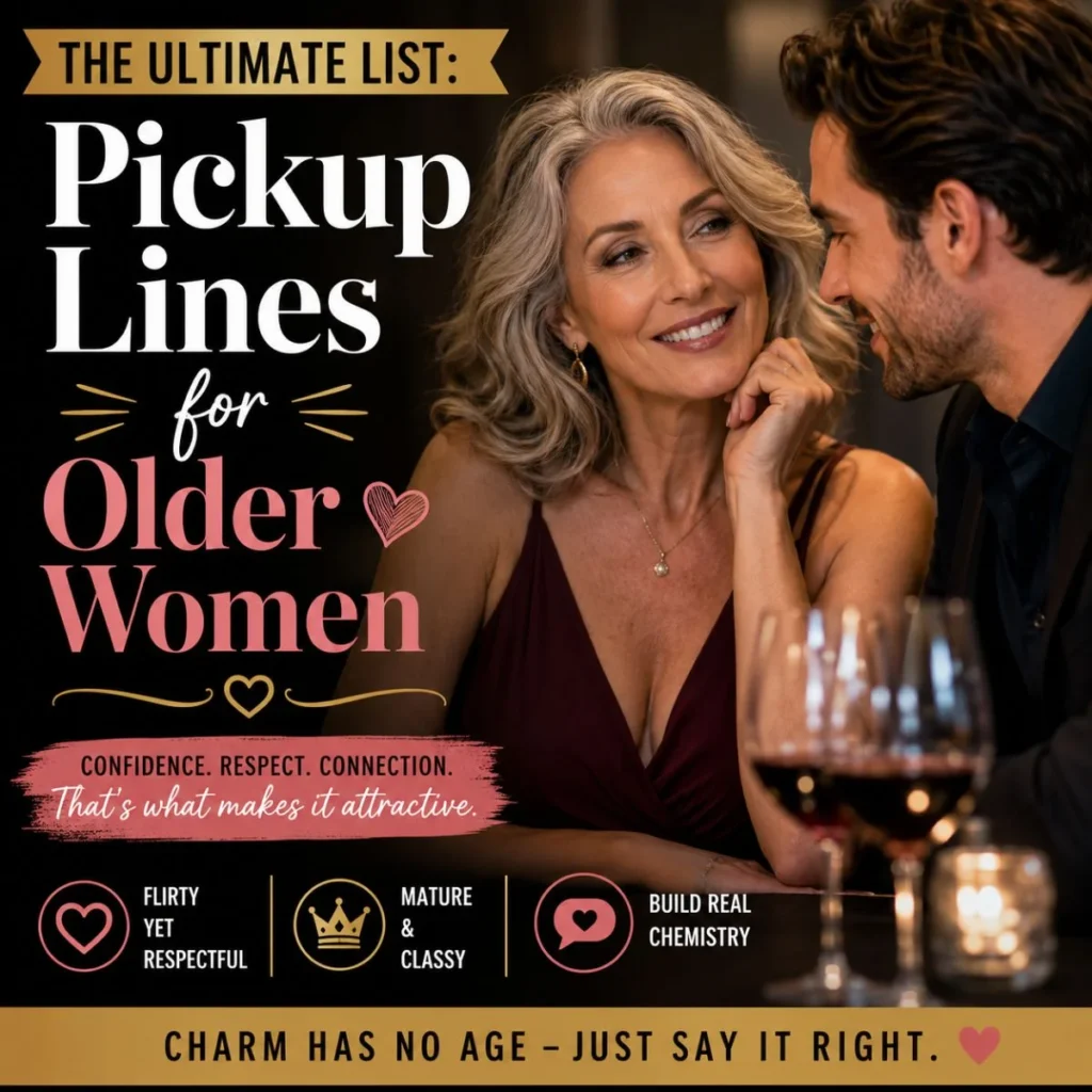 Elegant promotional graphic for pickup lines for older women featuring a mature woman and a charming dinner date.
