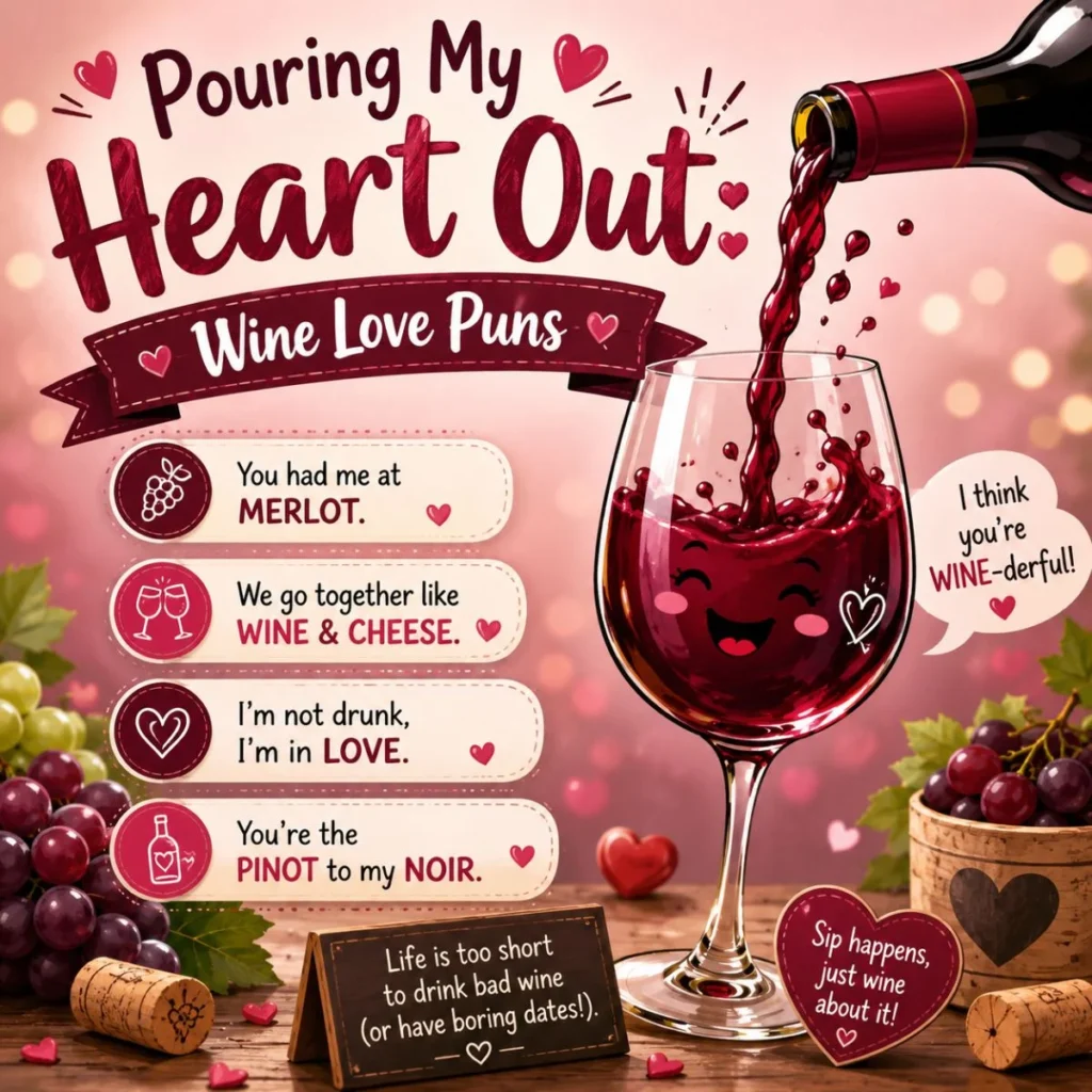 This fun illustration features a smiling glass of white wine surrounded by witty wine puns, fresh grapes, and a beautiful vineyard backdrop. Designed with bright, inviting colors, it's perfect for sharing on social media, wine blogs, party invitations, or anyone who enjoys a lighthearted toast.