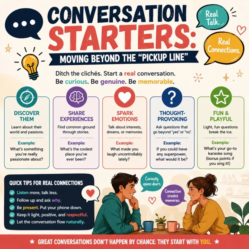 Conversation starters infographic with thoughtful questions and tips for building genuine connections beyond pickup lines.