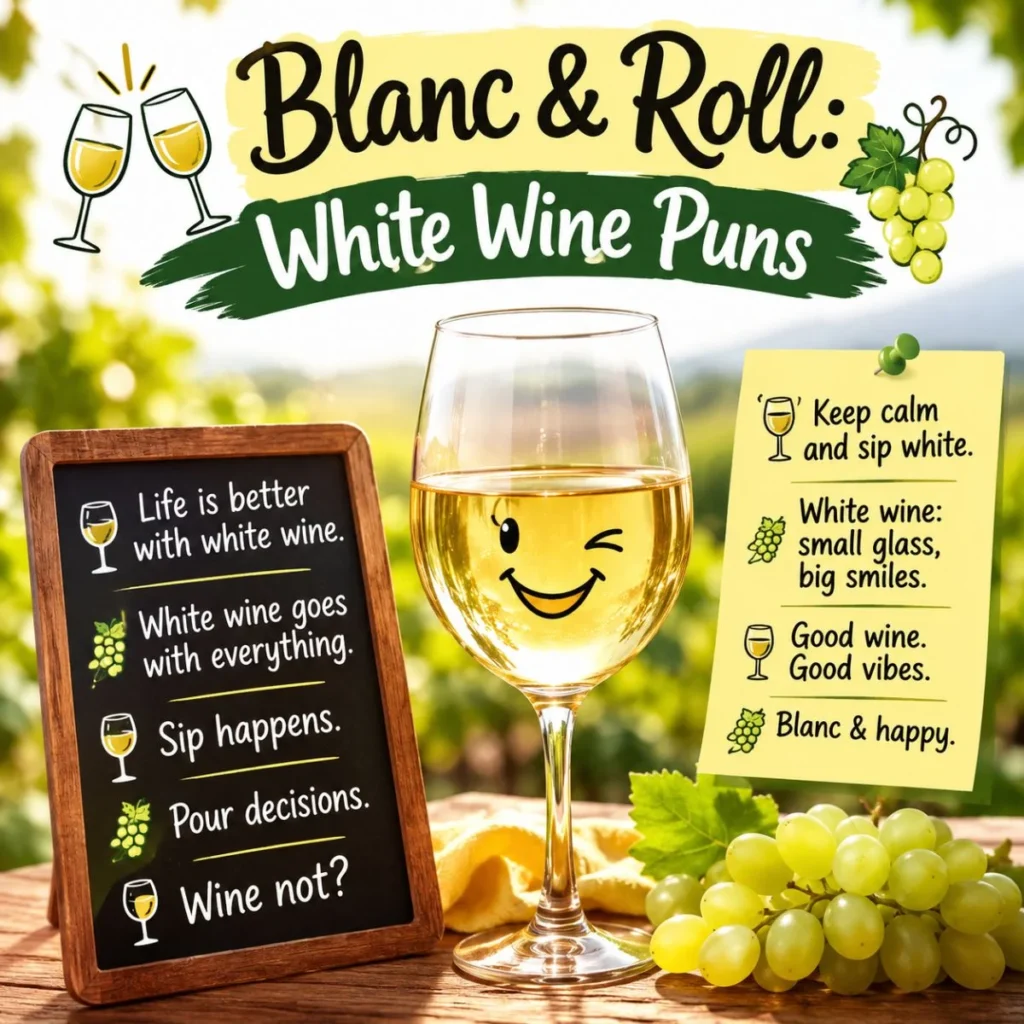 Cute white wine puns poster with a smiling wine glass, vineyard background, grapes, and playful Blanc & Roll humor.