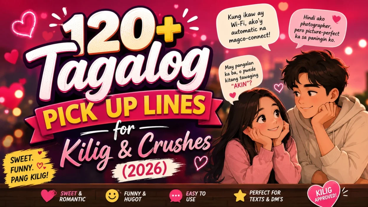 120+ Tagalog pick up lines for kilig and crushes, featuring a cute romantic couple and funny love phrases