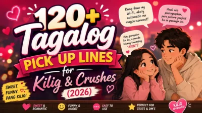 120+ Tagalog pick up lines for kilig and crushes, featuring a cute romantic couple and funny love phrases