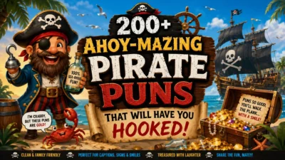 Cartoon pirate with treasure chest and pirate ship promoting 200+ ahoy-mazing pirate puns that will have you hooked.