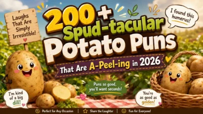 Colorful potato pun poster with smiling cartoon potatoes promoting 200+ spud-tacular potato puns for 2026.