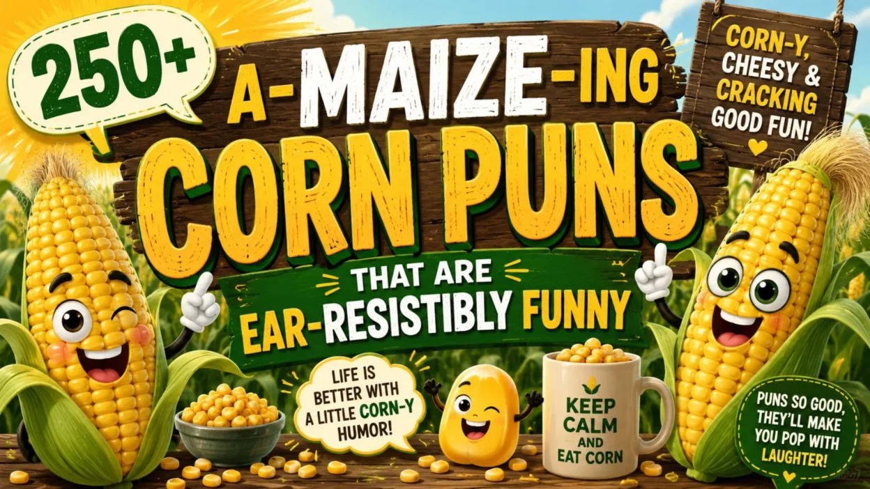Colorful cartoon banner with smiling corn characters promoting 250+ funny corn puns that are ear-resistibly hilarious.