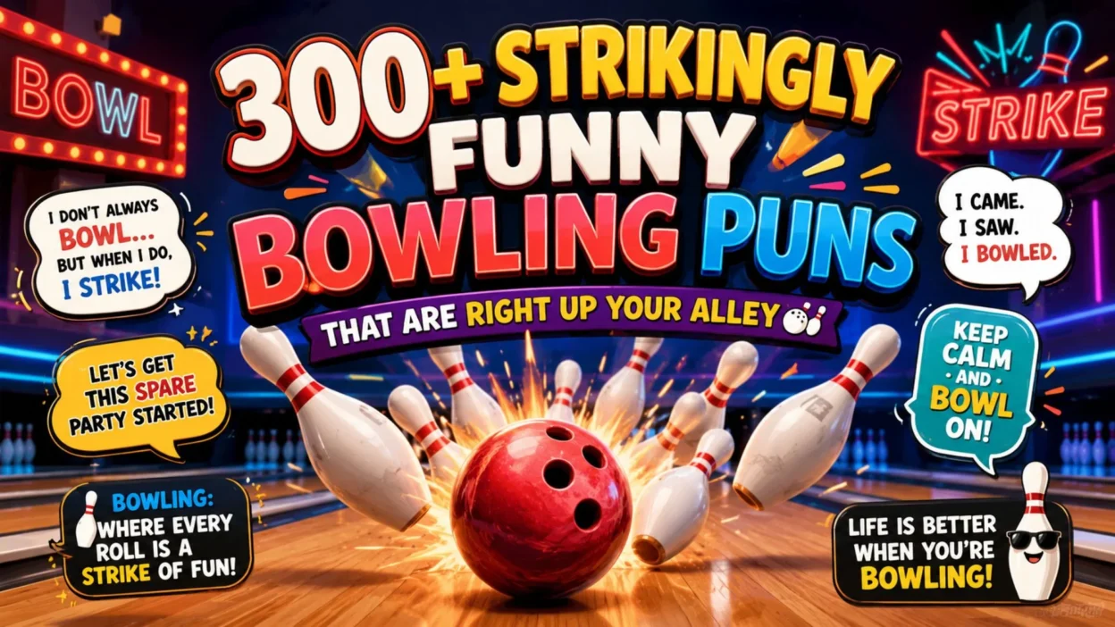 Colorful bowling puns banner with bowling ball, flying pins, and funny strike quotes for bowling humor lovers.
