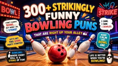 Colorful bowling puns banner with bowling ball, flying pins, and funny strike quotes for bowling humor lovers.