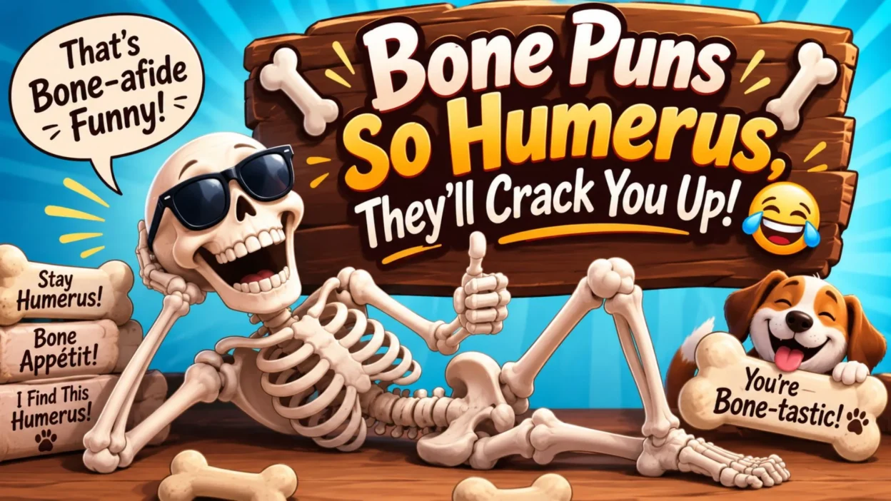 Funny skeleton with sunglasses and bone puns on a colorful sign reading “Bone Puns So Humerus, They’ll Crack You Up!”
