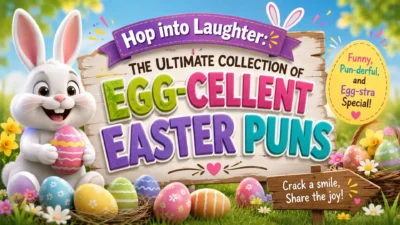 Cute Easter bunny holding a colorful egg with vibrant Easter eggs and the title Egg-cellent Easter Puns in a spring scene.