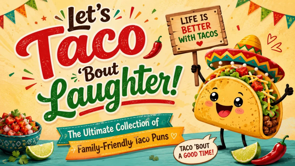 Cute cartoon taco wearing a sombrero with family-friendly taco puns banner and colorful Mexican fiesta decorations.