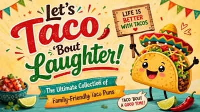 Cute cartoon taco wearing a sombrero with family-friendly taco puns banner and colorful Mexican fiesta decorations.