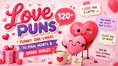 Cute heart characters with colorful love puns and romantic one-liners celebrating 120+ funny love jokes and sweet smiles.