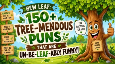 Cartoon tree with funny tree puns and leafy wordplay promoting 150+ tree-mendous puns in a colorful forest scene.
