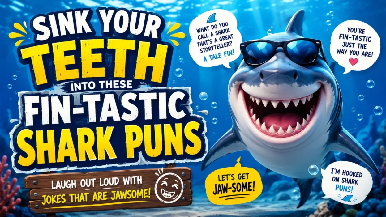 Funny shark puns poster with a smiling shark wearing sunglasses underwater
