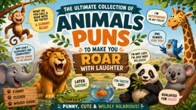 Colorful animal puns banner with a laughing lion, monkey, giraffe, panda, elephant, koala, and funny wildlife jokes.