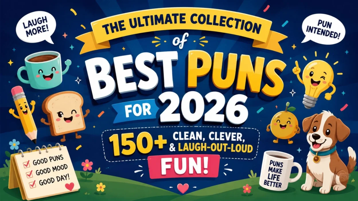 Colorful Best Puns for 2026 banner featuring cute cartoon characters and 150+ clean, clever, laugh-out-loud puns.