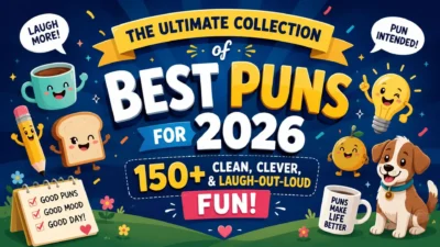 Colorful Best Puns for 2026 banner featuring cute cartoon characters and 150+ clean, clever, laugh-out-loud puns.