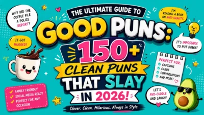 Colorful illustration of 150+ clean puns for 2026 with funny speech bubbles, cute characters, and family-friendly wordplay