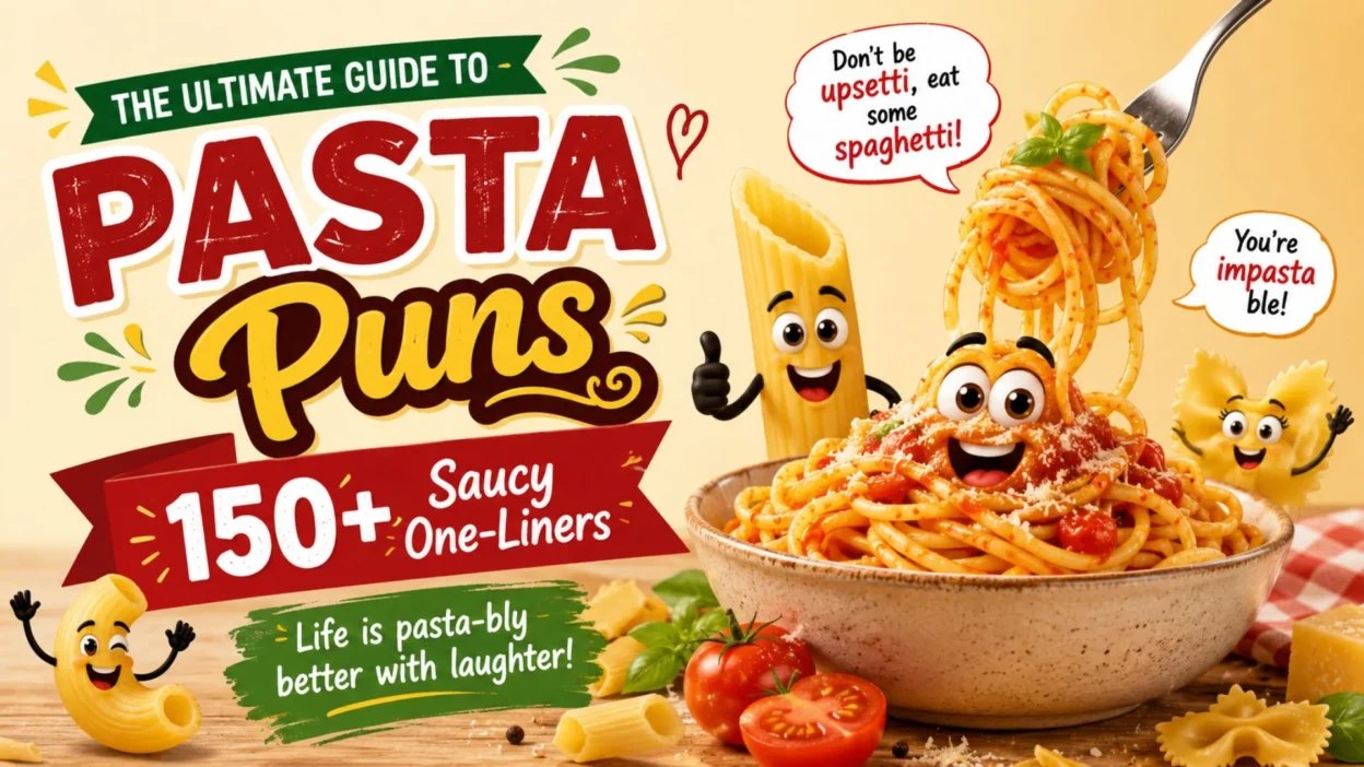 Colorful pasta puns illustration featuring smiling spaghetti and pasta characters with 150+ saucy one-liners as the theme.