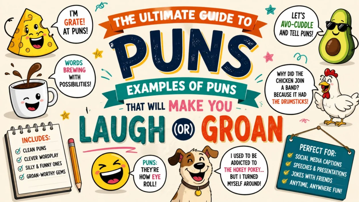 Colorful infographic featuring funny pun examples, playful cartoon characters, and wordplay that makes you laugh or groan.
