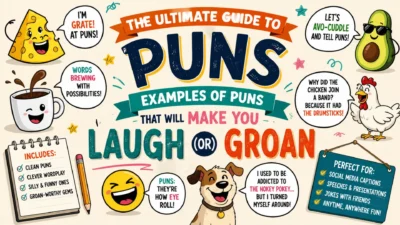 Colorful infographic featuring funny pun examples, playful cartoon characters, and wordplay that makes you laugh or groan.