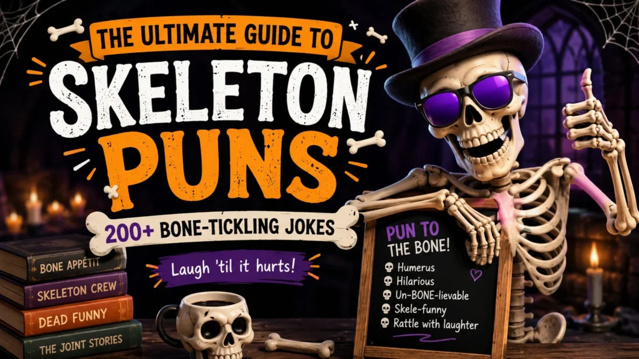 Skeleton in sunglasses and top hat beside a chalkboard promoting 200+ funny skeleton puns and bone jokes.