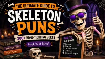 Skeleton in sunglasses and top hat beside a chalkboard promoting 200+ funny skeleton puns and bone jokes.