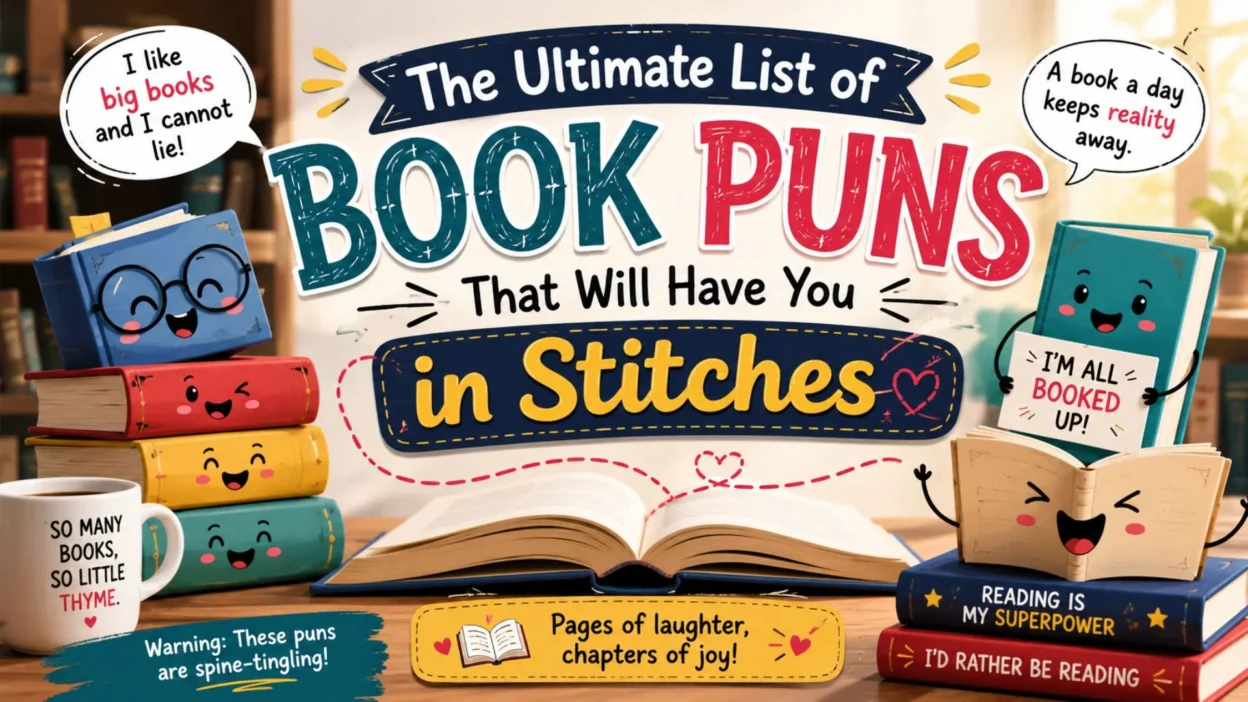 Colorful book puns illustration with smiling books, funny reading jokes, and playful typography in a cozy library scene.