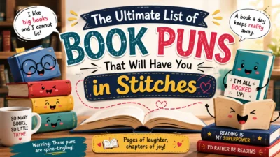 Colorful book puns illustration with smiling books, funny reading jokes, and playful typography in a cozy library scene.
