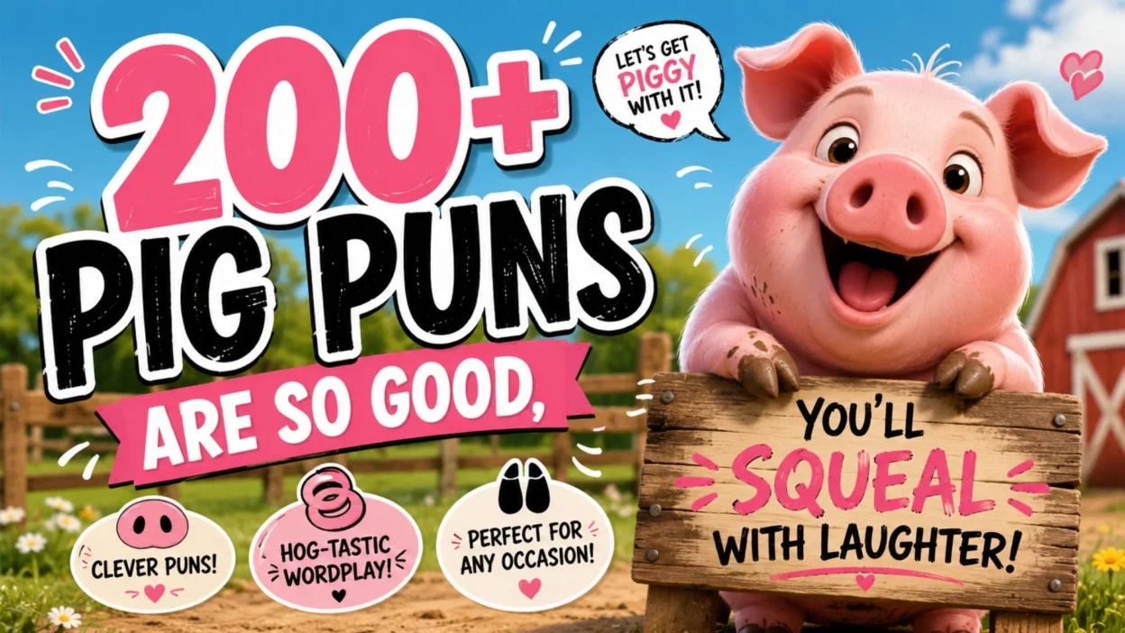 Happy cartoon pig on a farm with a sign promoting 200+ funny pig puns that will make you squeal with laughter.