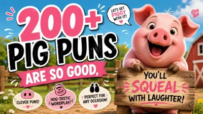 Happy cartoon pig on a farm with a sign promoting 200+ funny pig puns that will make you squeal with laughter.