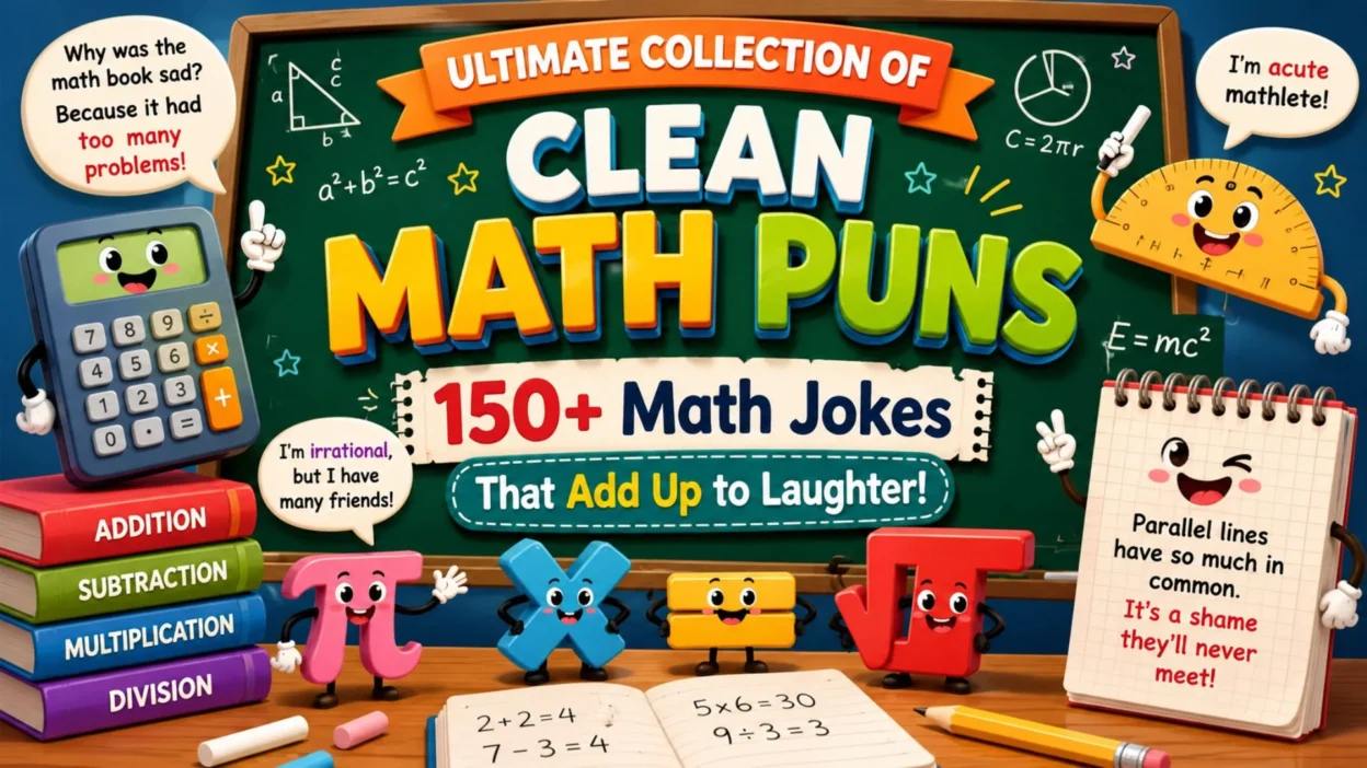 Colorful clean math puns poster with cartoon calculator, Pi, math symbols, and 150+ funny math jokes on a classroom chalkboard.
