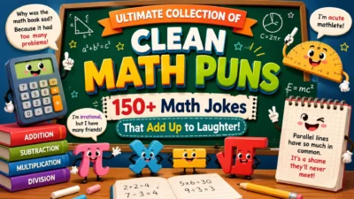 Colorful clean math puns poster with cartoon calculator, Pi, math symbols, and 150+ funny math jokes on a classroom chalkboard.