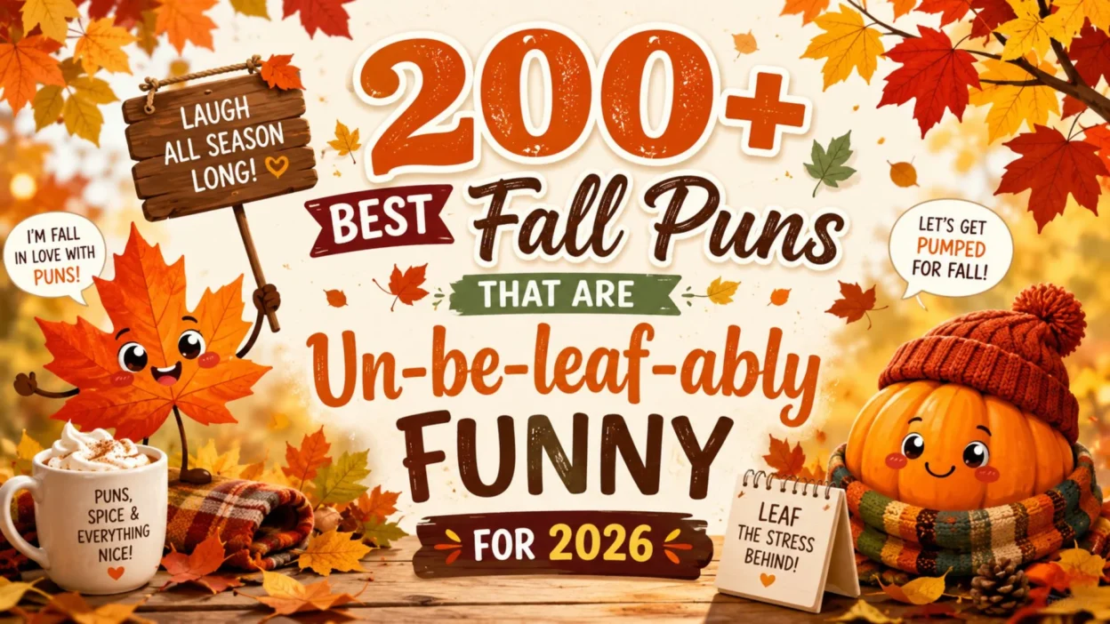 Cute autumn banner with smiling maple leaf, pumpkin, and cozy fall theme for 200+ best fall puns in 2026.