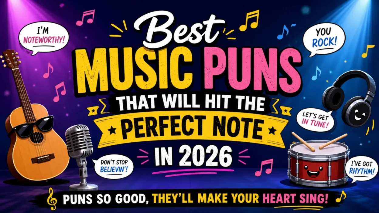 Best music puns 2026 banner with guitar, microphone, drums, headphones, and playful musical note jokes.
