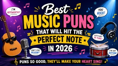 Best music puns 2026 banner with guitar, microphone, drums, headphones, and playful musical note jokes.