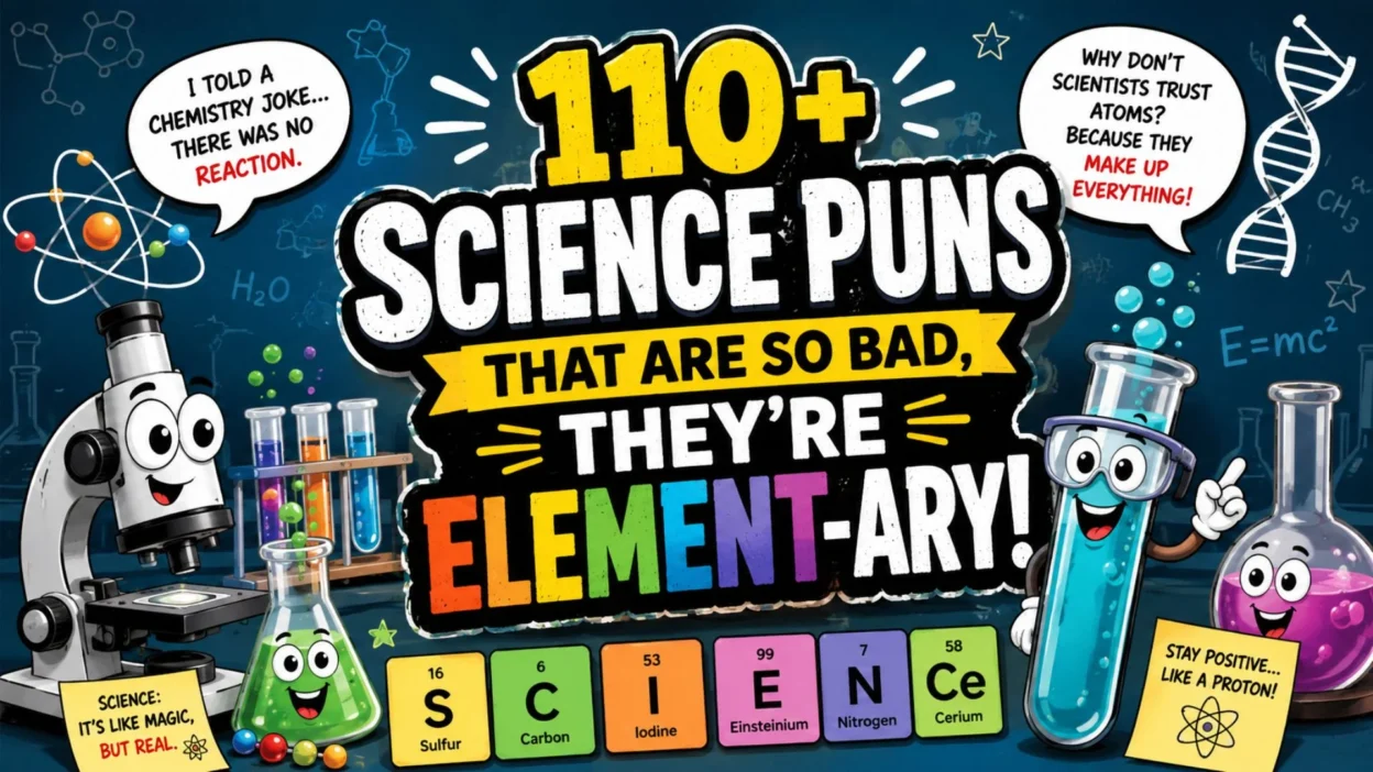 Colorful science puns poster with cartoon lab tools, chemistry jokes, atoms, DNA, and funny STEM wordplay graphics.