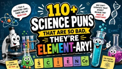 Colorful science puns poster with cartoon lab tools, chemistry jokes, atoms, DNA, and funny STEM wordplay graphics.