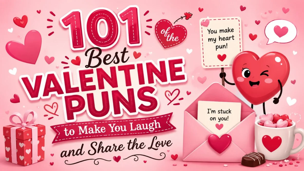 Colorful Valentine's Day graphic featuring 101 best Valentine puns with hearts, love notes, chocolates, and cute illustrations.